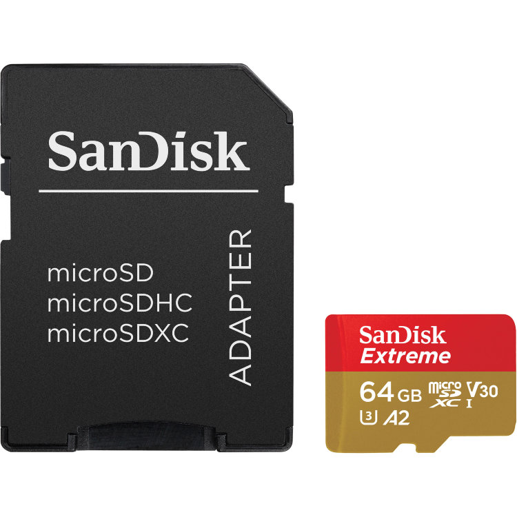 Карта памяти SanDisk Extreme microSDXC Class 10 UHS Class 3 V30 A2 160MB/s 64GB + SD adapter